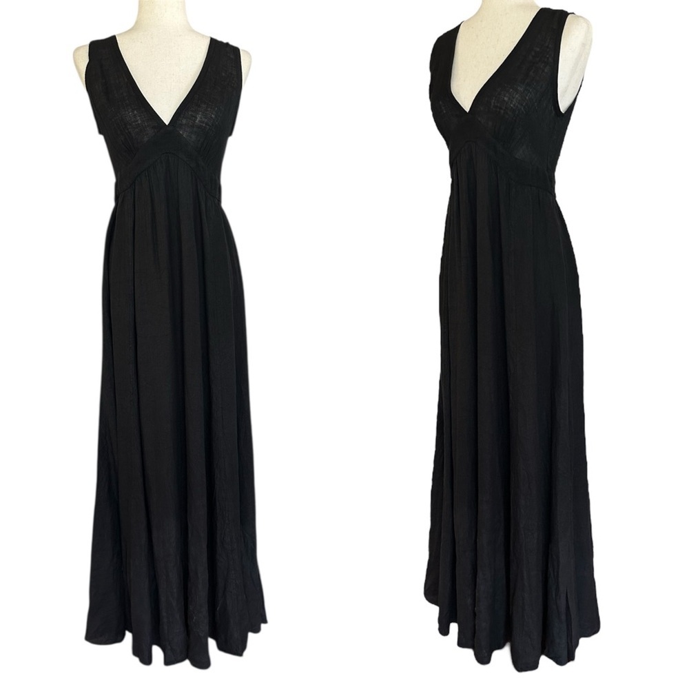 JAGA DTLA Linen Maxi Dress V Neck Full Skirt Size 3 Fitted Bodice